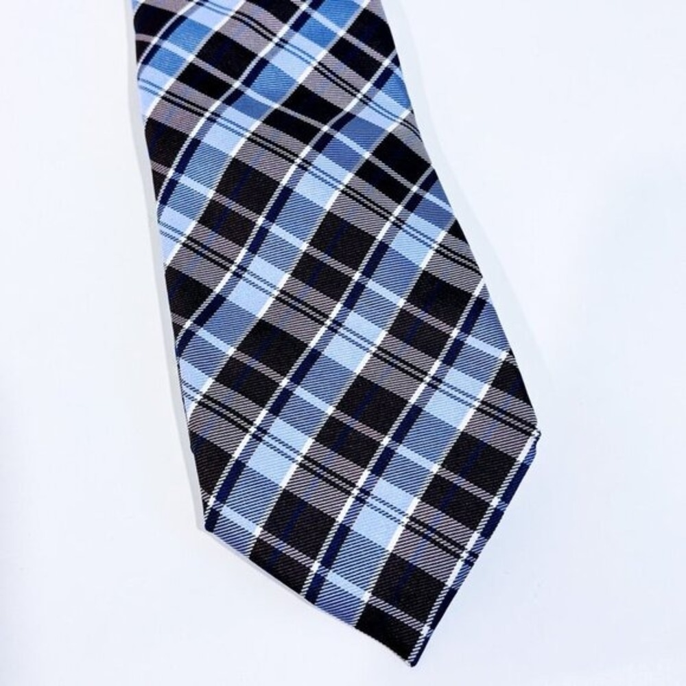 HUDSON ROOM Brown Blue Plaid 100% Silk Necktie Office